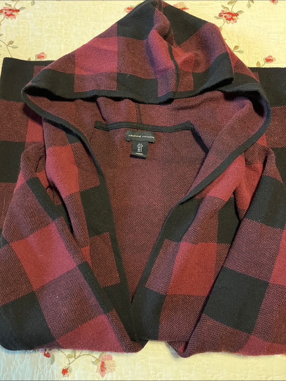 Adrienne Vittadini Hooded Open Cardigan - Burgundy & Black Buffalo Plaid